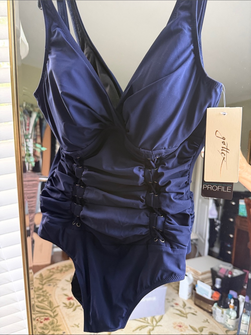 Profile By Gottex Navy Ruched One-Piece Swimwear NWT. Size 8 women